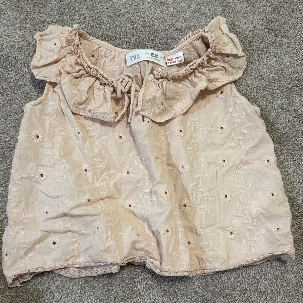 Zara Girls' Blush Embroidered Ruffle Neck Tank